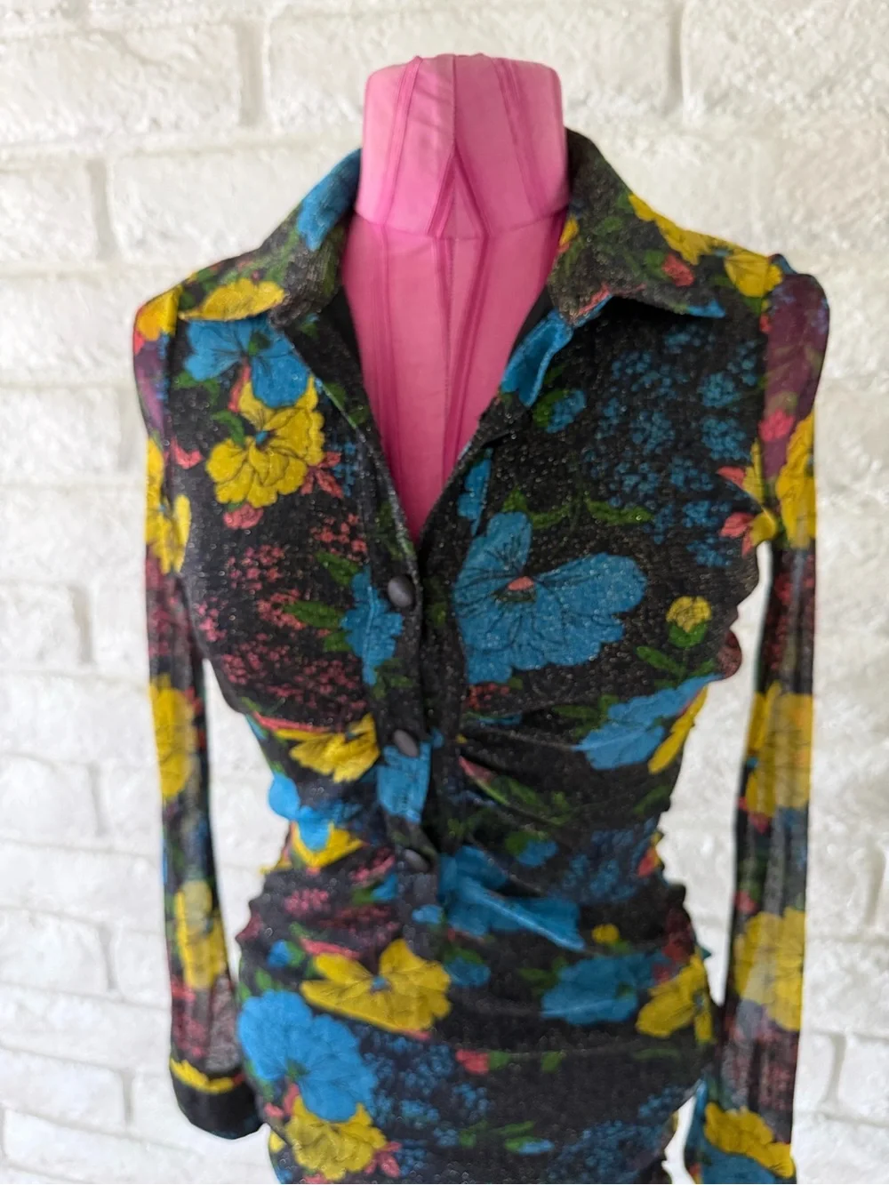 Urban Outfitters Ruched Sheer Floral Mini Dress in Blue & Yellow T-23